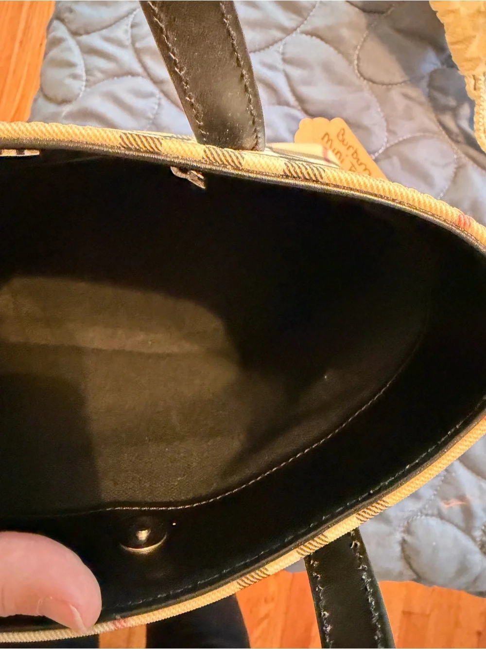 Burberry Beige Mini Tote with Black Handles and Red Accents